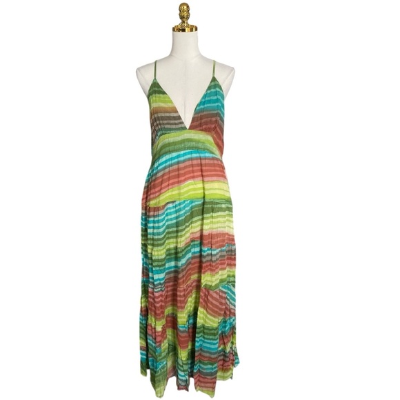 Solitaire Women Strappy Multicolor Striped Cotton Flowy Boho Tiered Maxi Dress L - Picture 1 of 9